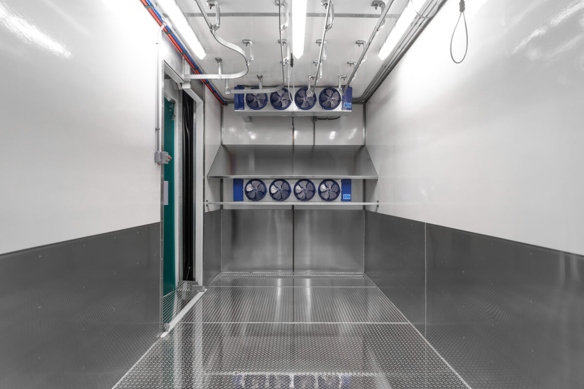An interior view of the Carcass Drip Cooler in Friesla’s Modular Meat Processing System.
