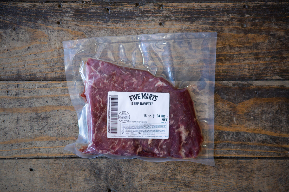 Five Marys Beef Bavette steak in a sealed vacuum package.