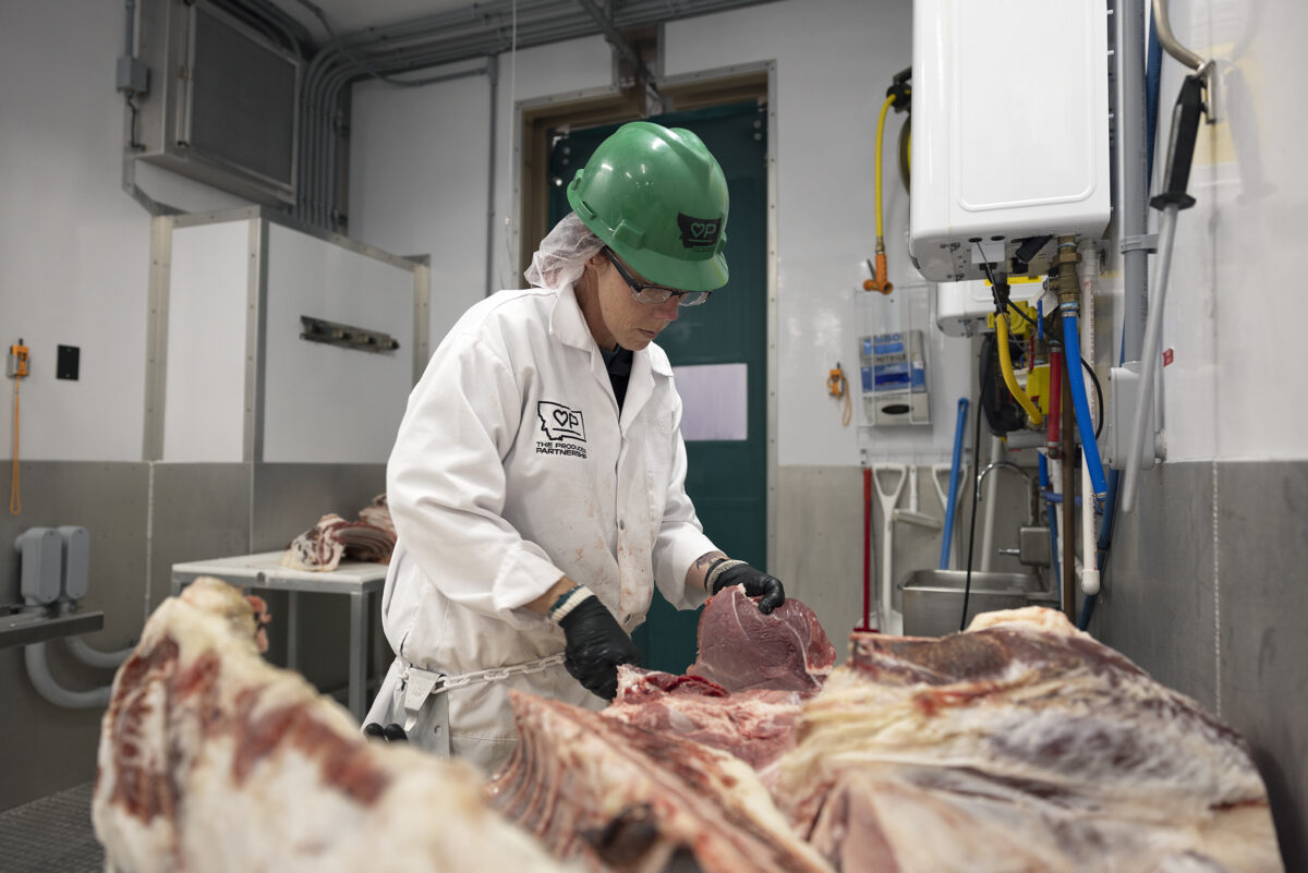 Butcher trims hog carcass meat in Friesla Meat Processing system.
